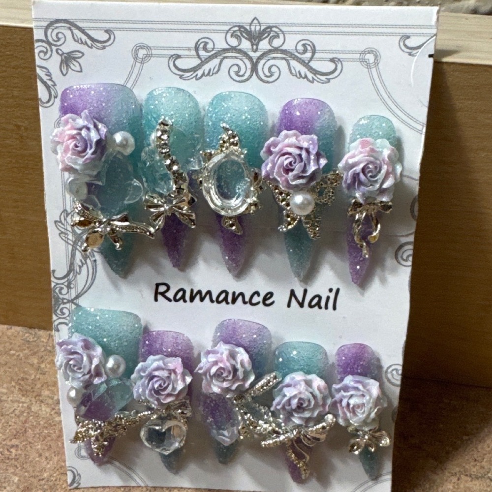 3D Floral Butterfly Press On Nails Purple Teal Glitter Stiletto NEW